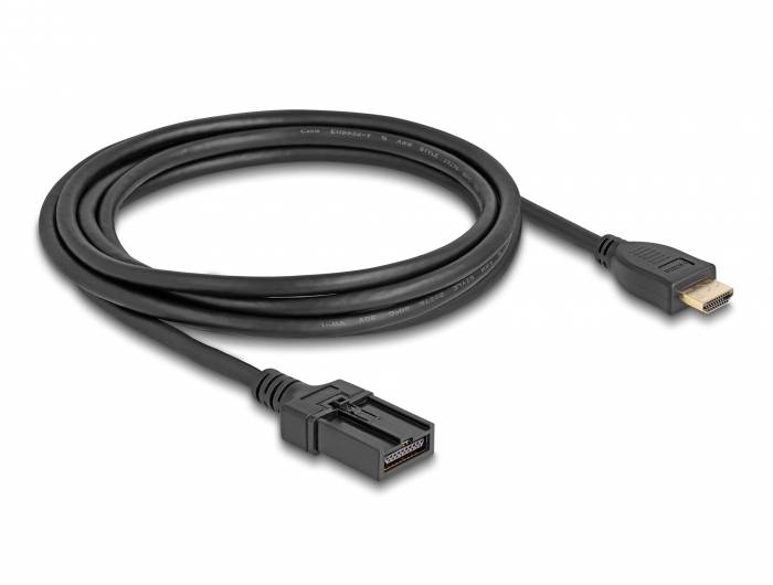 Schwarzes HDMI-Kabel auf weißem Hintergrund. Links befindet sich ein HDMI-Buchsenanschluss und rechts ein HDMI-Steckeranschluss.