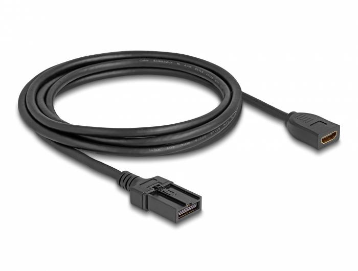 Ein schwarzes HDMI-Kabel mit männlichem und weiblichem Anschluss.