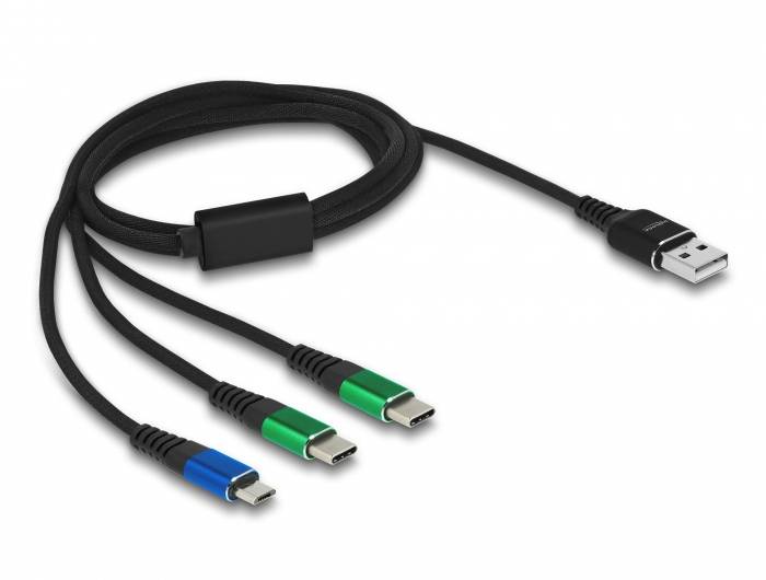 Drei-in-eins-Ladekabel mit USB-A-Anschluss auf der einen, und USB-C-Steckern in Blau, Grün und Schwarz auf der anderen Seite.