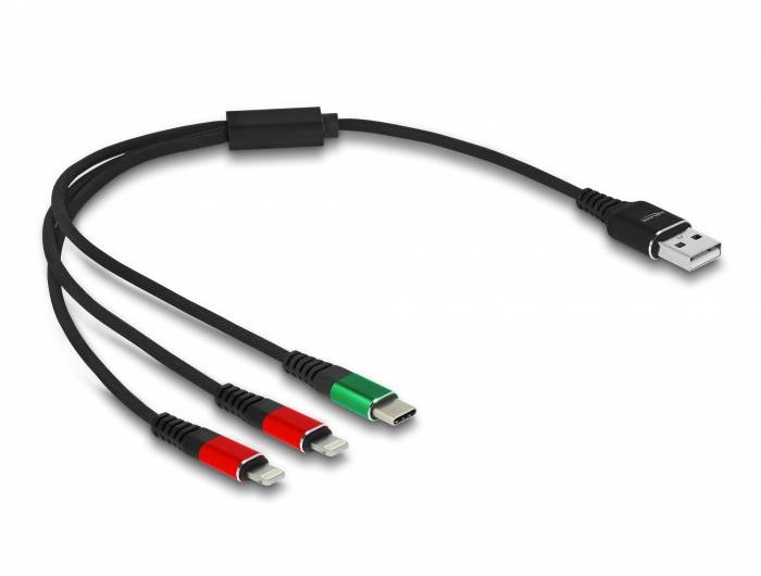 Ein USB-Kabel verbindet sich zu drei verschiedenen Steckverbindern, geeignet für unterschiedliche Geräteanschlüsse.