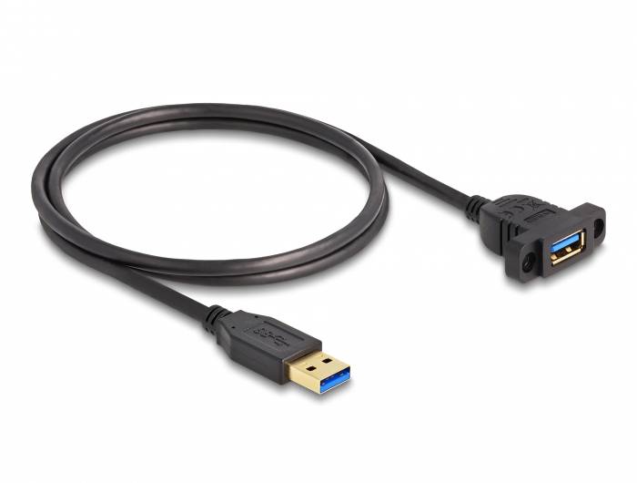 Ein schwarzes USB 3.0 Verlängerungskabel mit einem männlichen und einem weiblichen Anschluss.