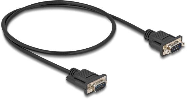 Ein schwarzes VGA-Kabel mit zwei Steckern, verbunden und auf einem hellen Hintergrund liegend, wird dargestellt.