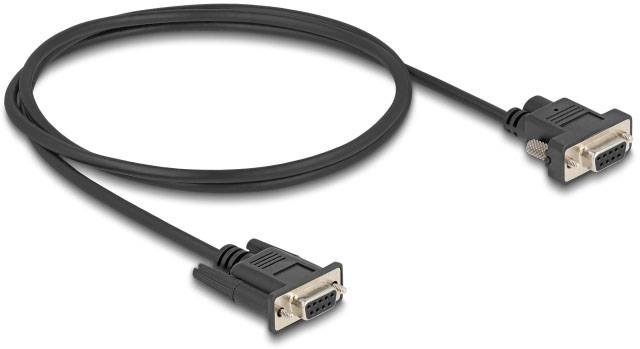 Ein schwarzes VGA-Kabel mit zwei Steckverbindern, jeweils mit neun Pins und Schrauben zur Befestigung.