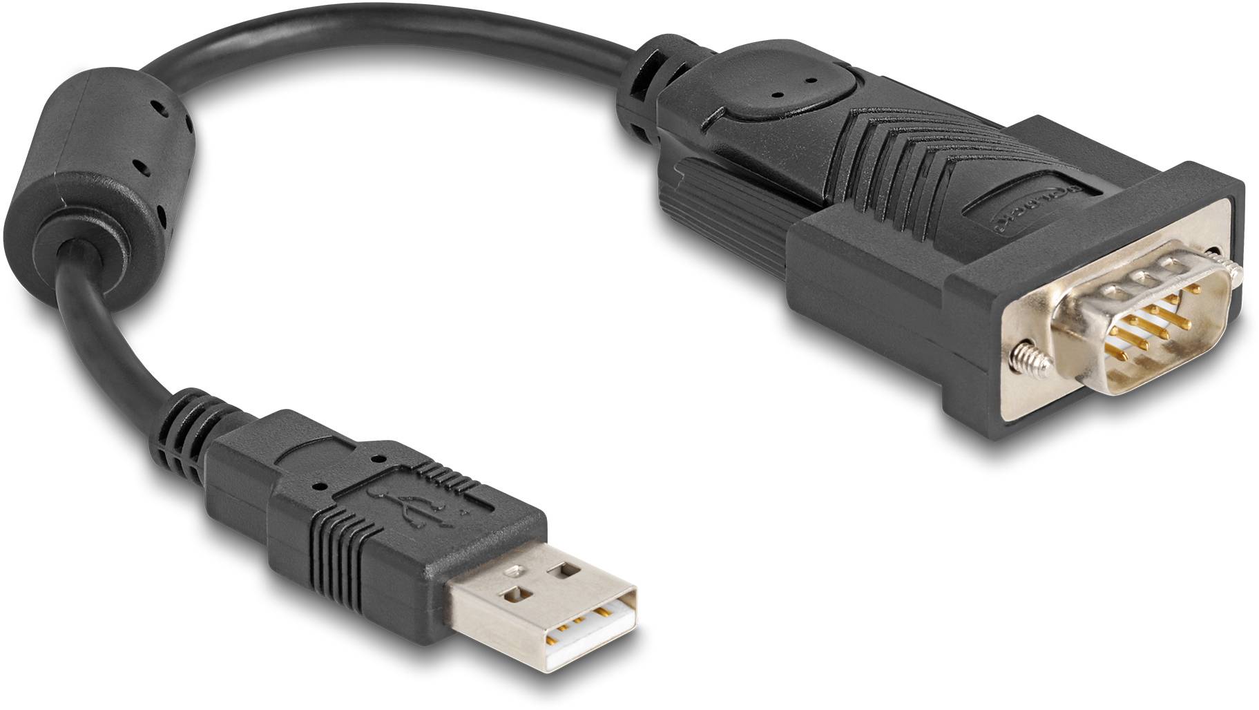 Ein Adapterkabel mit einem USB-Stecker auf der einen Seite und einem VGA-Stecker auf der anderen Seite, zur Verbindung von Geräten.