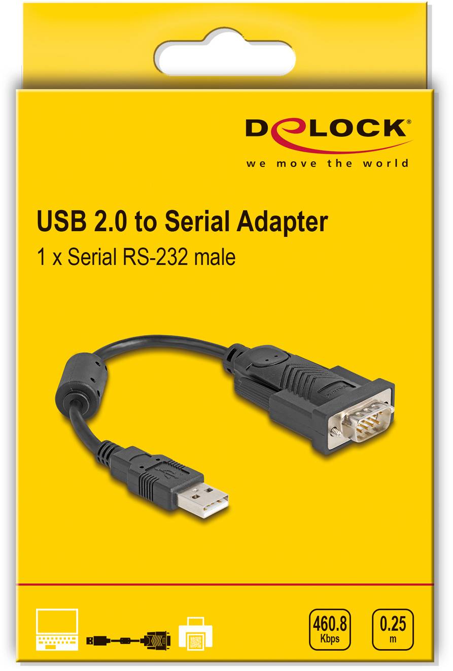 Gelbe Verpackung eines 'USB 2.0 to Serial Adapter', 1 x Serial RS-232 male, Marke Delock. Adapter und Spezifikationen sichtbar.