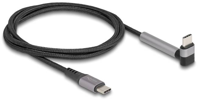Ein schwarzes USB-C-Kabel mit L-förmigem Metallstecker auf einer Seite, ideal für platzsparende Verbindungen in engen Bereichen.