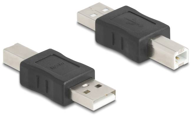 Zwei USB-Adapter mit schwarzem Gehäuse, einer mit USB-A- und einer mit USB-B-Stecker, liegen auf einer weißen Oberfläche.