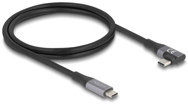 Ein schwarzes USB-C-Kabel mit silbernen Anschlüssen.