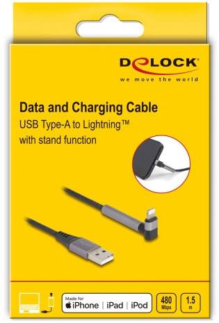Gelbe Verpackung für ein USB Type-A zu Lightning Daten- und Ladekabel von DeLock mit Stützfunktion, 480 Mbps, 1,5 m Länge.