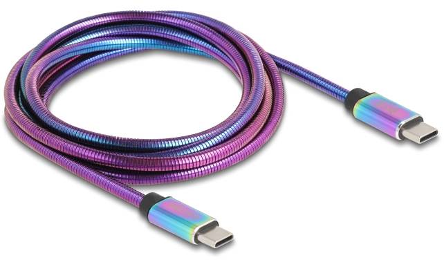 Ein USB-C-Kabel mit schillerndem Regenbogenmuster, geeignet zum Anschließen von Geräten für schnelle Datenübertragung und Laden.