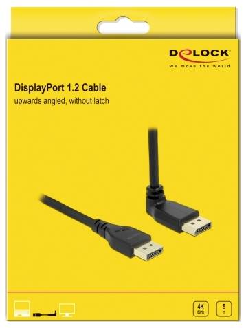 Gelbe Verpackung von Delock mit 'DisplayPort 1.2 Cable', zeigt ein nach oben abgewinkeltes Kabel. Unterstützt 4K, 5 Jahre Garantie.