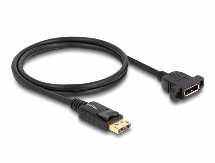 Ein schwarzes DisplayPort-Kabel mit einem Stecker auf der linken Seite und einer Buchse auf der rechten Seite, dargestellt auf einem weißen Hintergrund.