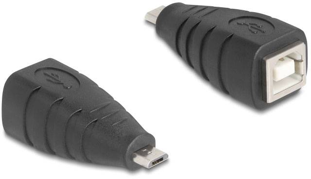 Zwei schwarze USB-Adapter, jeweils mit einem Mini-USB-Anschluss und einem USB-B-Anschluss.