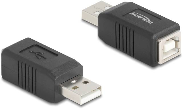 Zwei schwarze USB-Adapter: Einer mit einem USB-A-Stecker und der andere mit einer USB-B-Buchse. Beide haben ein kompaktes Design.
