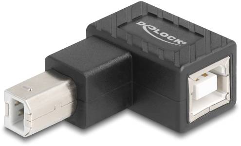 Ein schwarzer USB-Adapter in L-Form von Delock mit einem USB-A-Anschluss und einem USB-B-Anschluss.