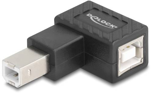 Ein schwarzer, winkeliger USB-Adapter von Delock mit USB-B-Anschlüssen an beiden Enden, zur Verbindung von Geräten mit USB-Anschlüssen.