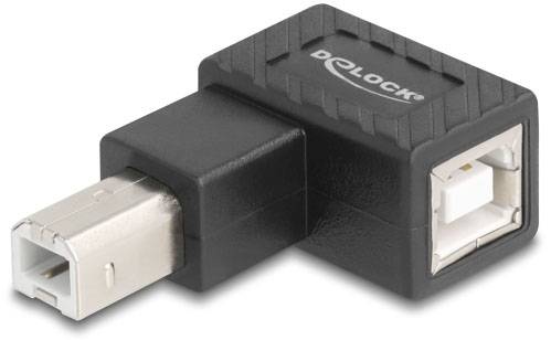 Rechteckiger, schwarzer USB-Adapter mit 'Delock'-Logo oben. USB-B-Stecker zu USB-B-Buchse, rechtwinkliger Formfaktor.