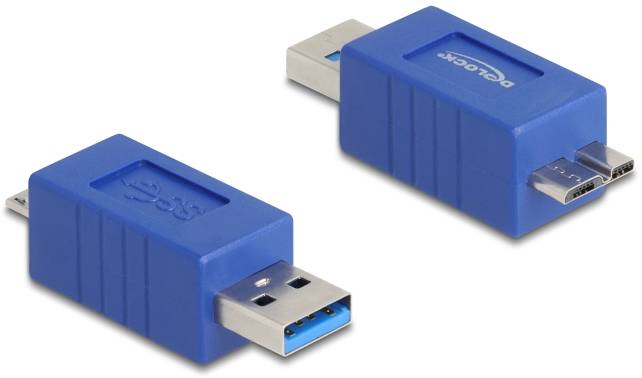Zwei blaue USB 3.0-Adapter mit unterschiedlichen Anschlüssen; einer mit standardmäßiger USB-A-Verbindung, der andere mit Micro-USB.