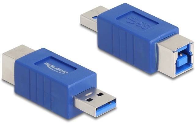 Zwei blaue USB-Adapter, einer zeigt den USB-A-Stecker, der andere den USB-B-Stecker. Sie liegen auf einer weißen Fläche.