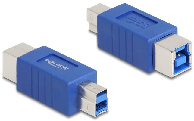 Zwei blaue USB-Steckverbinder-Adapter mit Metallanschlüssen, einer zeigt die Vorderseite, der andere die Rückseite. Hauptsächlich für technischen Einsatz.