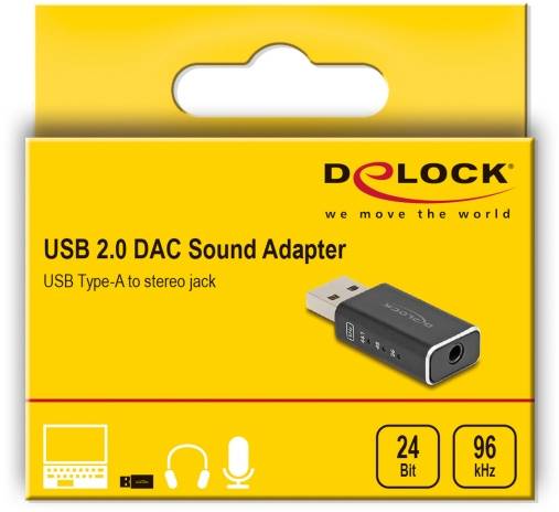 Gelbe Verpackung eines USB 2.0 DAC Sound Adapters von Delock, zeigt Adapterbild, Spezifikationen '24 Bit, 96 kHz', USB zu Klinke.