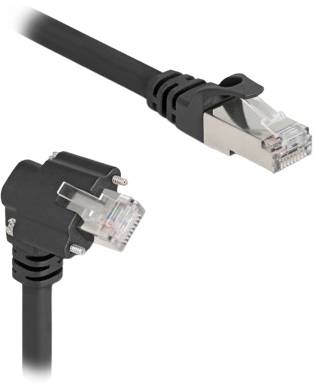 Schwarzes Ethernet-Kabel mit RJ45-Stecker auf weißem Hintergrund, zur Datenübertragung zwischen Netzwerkgeräten.