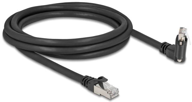 Ein schwarzes Ethernet-Kabel mit RJ45-Steckern an jedem Ende, geeignet für Netzwerkverbindungen.