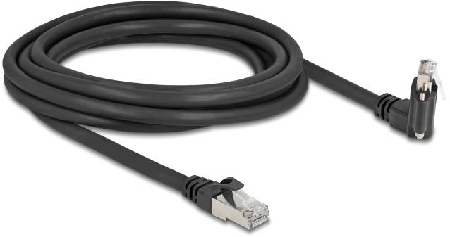 Ein schwarzes Ethernet-Kabel mit RJ45-Anschlüssen an beiden Enden, verwendet zur Netzwerkverbindung von Geräten.