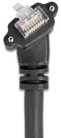 Ein schwarzes Ethernet-Kabel mit durchsichtigem RJ45-Stecker, geeignet für Netzwerkverbindungen.