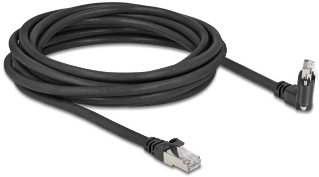 Schwarzes Ethernet-Kabel, gewickelt, mit zwei Steckern. Wird zur Netzwerkverbindung verwendet.