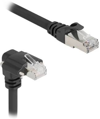 Ein schwarzes Ethernet-Kabel mit RJ45-Steckern, die in unterschiedliche Richtungen zeigen. Ideal für Netzwerkverbindungen.