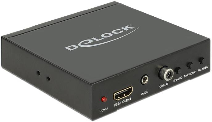 Schwarzer Delock-Konverter mit HDMI-Ausgang, Audioeingang und mehreren Anschlüssen auf der Vorderseite.
