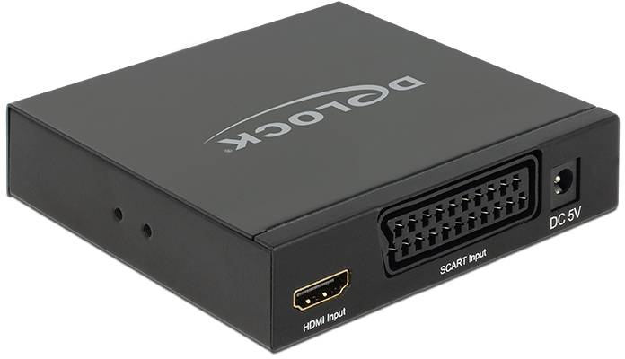 Ein Adapter mit HDMI- und SCART-Anschlüssen sowie einer DC 5V-Stromversorgung. Markenname auf der Oberseite sichtbar.