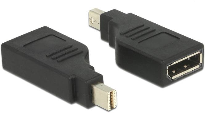 Zwei schwarze Adapter: einer mit Mini-DVI- und der andere mit DVI-Anschluss, beide zum Verbinden von Kabeln für Videoübertragung.