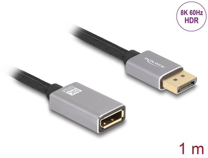 DisplayPort-Kabel, 1 Meter, unterstützt 8K 60Hz HDR, zeigt graue Stecker mit schwarzem Kabel.
