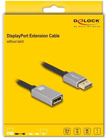 Verpackung eines DisplayPort-Verlängerungskabels von Delock ohne Arretierung, unterstützt 32,4 Gbps, HDR10, 8K@60Hz, 1 Meter.