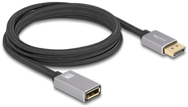 Ein graues DisplayPort-Verlängerungskabel mit schwarzer Ummantelung und Anschlüssen auf beiden Seiten, geeignet für Videoverbindungen.