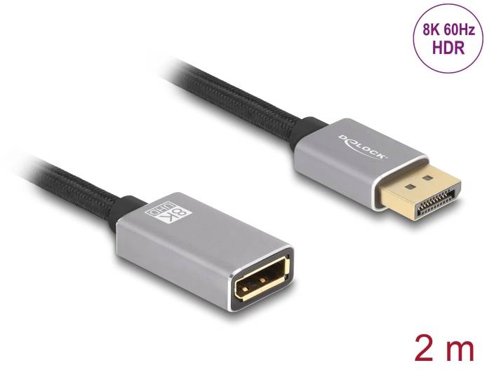 Ein DisplayPort-Kabel mit zwei Anschlüssen, geeignet für 8K 60Hz HDR-Übertragung, Länge 2 Meter.