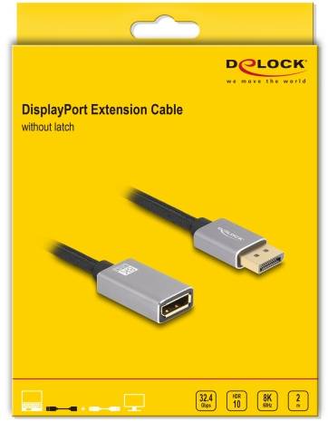 'Delock DisplayPort Verlängerungskabel ohne Verriegelung', Abbildung des Produkts auf gelbem Hintergrund, Länge: 2 Meter.