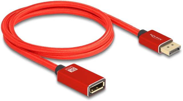 Rotes DisplayPort-Kabel mit zwei Steckern, gut geeignet für die Verbindung von Monitoren und anderen Geräten.