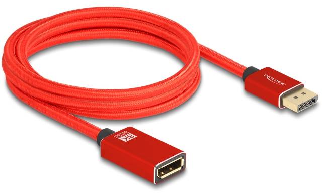 Ein rotes DisplayPort-Kabel mit männlichem und weiblichem Anschluss, geeignet für die Verbindung von Bildschirmen mit Computern.