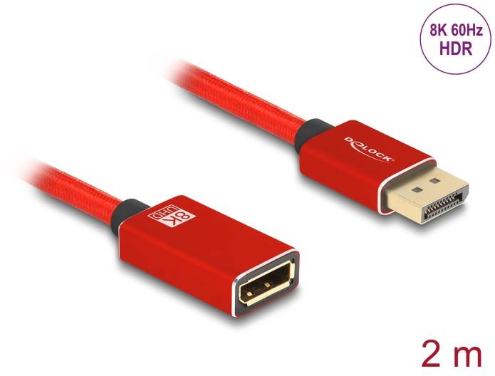 DisplayPort-Kabel in Rot, Länge 2 Meter, unterstützt 8K bei 60Hz und HDR, mit besonderen Steckverbindern für verbesserte Leistung.