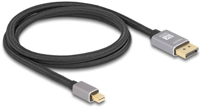 Ein schwarzes Kabel mit einem Mini-DisplayPort-Stecker und DisplayPort-Stecker. Anpassbar für die Verbindung von Bildschirmen und Computern.
