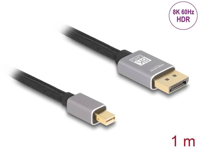 Ein schwarzes DisplayPort-Kabel mit goldfarbenen Anschlüssen, gekennzeichnet mit '8K 60Hz HDR'. Links Mini DisplayPort, rechts Standard DisplayPort. Länge 1 Meter.