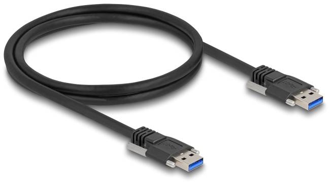 Schwarzes USB-Kabel mit zwei blauen USB-3.0-Steckern, symmetrisch auf beiden Seiten. Geeignet zum Datentransfer, etwa zwischen Computer und Peripheriegeräten.