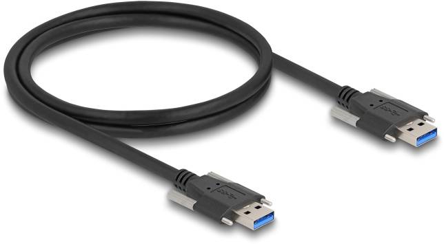 Schwarzes Datenkabel mit zwei USB 3.0-Steckern. Geeignet zum schnellen Datentransfer zwischen kompatiblen Geräten.