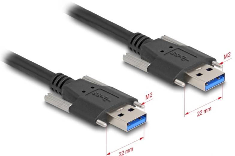 USB-Kabel mit blauen Anschlüssen, Länge 22 mm je Stecker, mit seitlichen M2-Gewinden zur Befestigung.