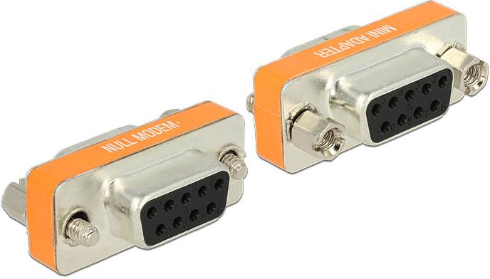 Zwei Nullmodem-Adapter mit DB9-Steckverbindern, die orange markiert sind und 'Null Modem' und 'Mini Adapter' beschriftet sind.