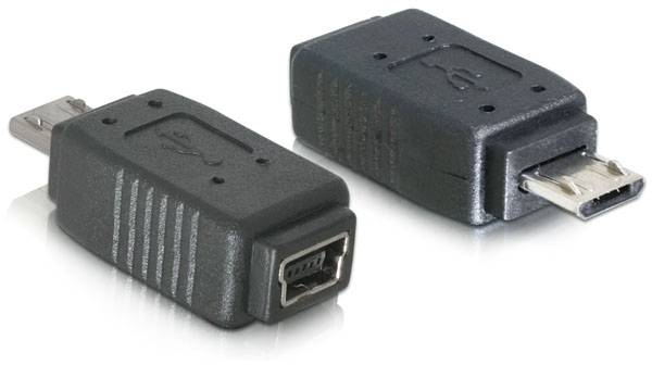 Zwei schwarze Adapter, einer mit USB-Mini-Buchse und der andere mit USB-Micro-Stecker, liegen auf einer weißen Fläche.