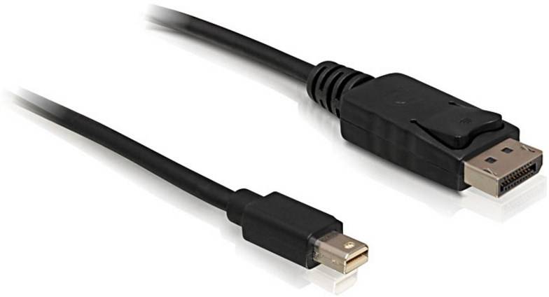 Ein schwarzes Kabel mit einem Mini-DisplayPort-Stecker links und einem DisplayPort-Stecker rechts, zur Verbindung von Geräten.